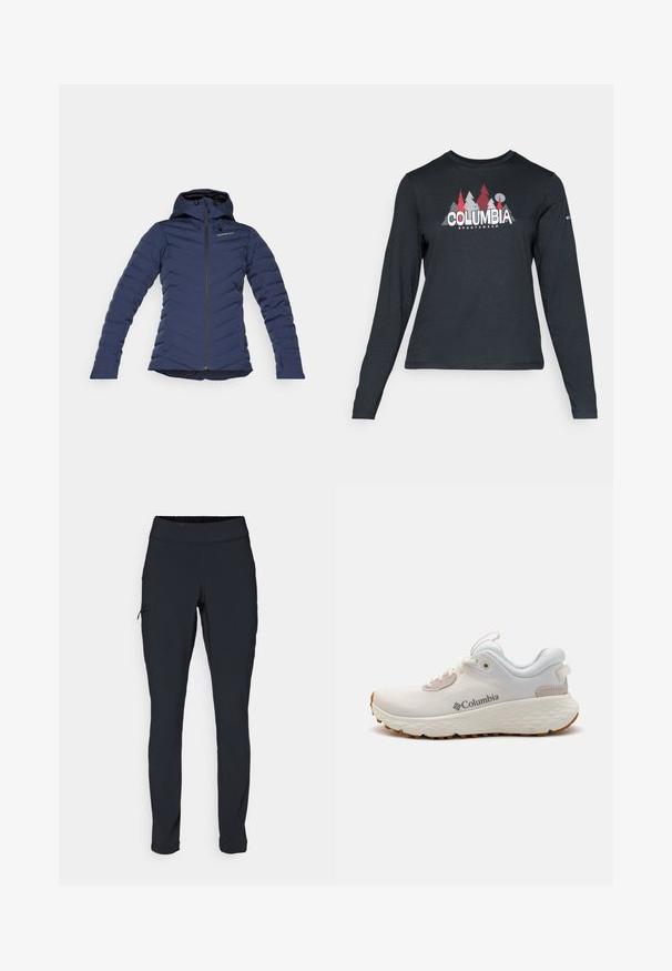 Chaqueta de plumas azul marino con capucha, cierre de cremallera, patrón de costura en forma de chevron y puños elásticos para proporcionar aislamiento y un buen ajuste. Fabricada con un tejido ligero y texturizado.; Camisa de manga larga gris oscuro con un gráfico de árboles rojos y montañas; logo "COLUMBIA" en texto blanco en negrita. Tela suave, cuello redondo estándar.; Pantalones deportivos negros de corte ajustado, con cintura elástica y un bolsillo lateral con cremallera. Tejido suave y elástico con mínimas costuras.; Zapato deportivo ligero de Columbia en malla blanca con suela texturada gris y tracción de goma. Presenta un cuello acolchado y diseño de cordones.