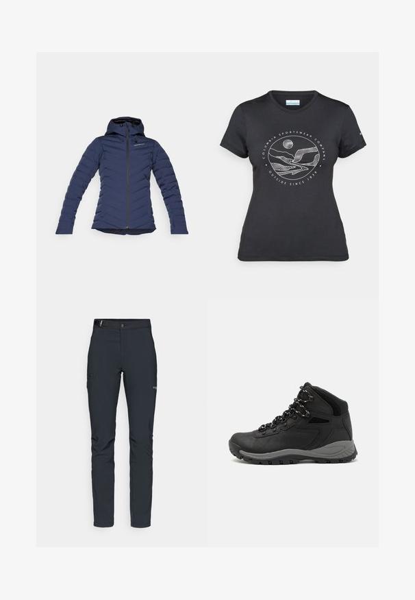 Marineblå pufferjakke med hætte, lynlås, chevron-syning og elastiske manchetter for isolering og pasform. Letvægts og struktureret stof.; Sort Columbia t-shirt med hvid cirkulær bjerg- og flodlinjekunst samt teksten "Columbia Sportswear Company Udenfor Siden 1938."; Herrers udendørsbukser, mørkegrå, lavet af fleksibelt materiale, med bælte, lynlåslommer og forstærkede syninger.; Sort vandrestøvle med en mellem-højde design, der har en tekstureret overdel, grå detaljer og en holdbar gummisål med skridsikre klodser.