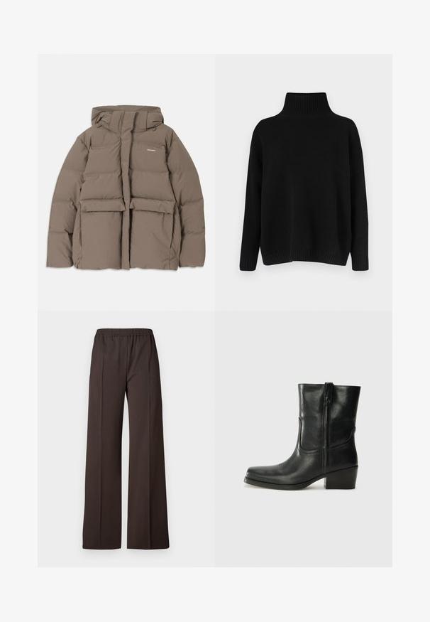 Casaco de puffer castanho com capuz, apresentando um fecho éclair frontal, dois grandes bolsos frontais e uma textura mate suave. Logótipo da marca no peito.; Camisola preta de malha com gola alta canelada, ombros caídos e corte solto. Apresenta punhos e bainha canelados para dar textura.; Calças largas em tecido castanho escuro com um cós elástico, apresentando uma textura suave e linhas limpas para um visual refinado.; Bota de tornozelo em couro preto com bico arredondado, salto bloco, fecho lateral e detalhes em costura na parte frontal. Textura suave, design clássico.