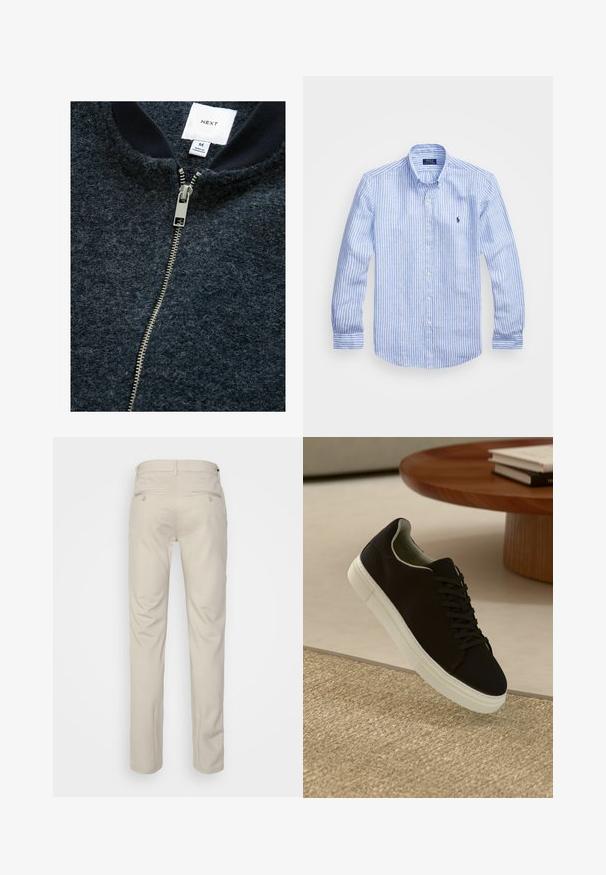 Giacca blu navy con zip realizzata in tessuto testurizzato, dotata di zip argentata e colletto a coste. L'etichetta indica la taglia M.; Camicia a maniche lunghe a righe bianche e blu in cotone, con colletto button-down, bottoni frontali e un piccolo logo ricamato sul petto.; Pantaloni beige con una texture liscia, taglio dritto, due tasche posteriori con bottoni e vita standard.; Sneaker nero con suola bianca che flotta sopra un tappeto beige testurizzato vicino a un tavolo rotondo in legno con libri impilati.
