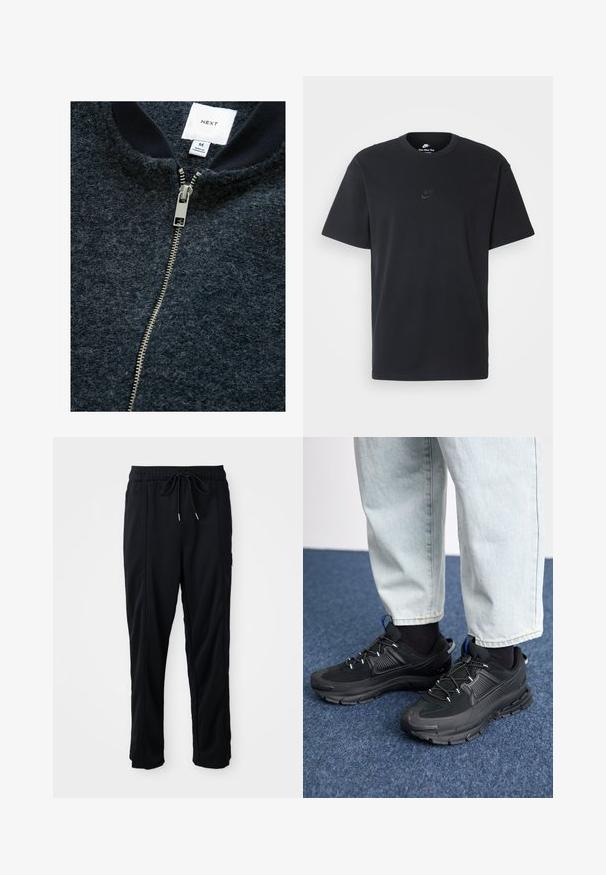 Tamsiai mėlynas zip-up švarkas, pagamintas iš tekstūruotos medžiagos, su sidabriniu užtrauktuku ir raštuotu apykakle. Žymėjimo etiketė nurodo dydį M.; Juodas medvilninis Nike marškinėliai su klasikinėmis apykaklėmis, trumpomis rankovėmis ir subtiliu, įspaustu logotipu ant krūtinės. Sklandus tekstūra.; Juodos laisvos kelnės su raišteliu liemens, šoninėmis kišenėmis ir tiesiu kirpimu ant vienodos fono.; Juodi sportiniai bateliai su tekstūruota medžiaga ir guminiais padais, su elastingomis raišteliais ir mėlynu akcentu ant kulno. Dėvimi su šviesiai mėlynomis džinsinėmis kelnėmis.