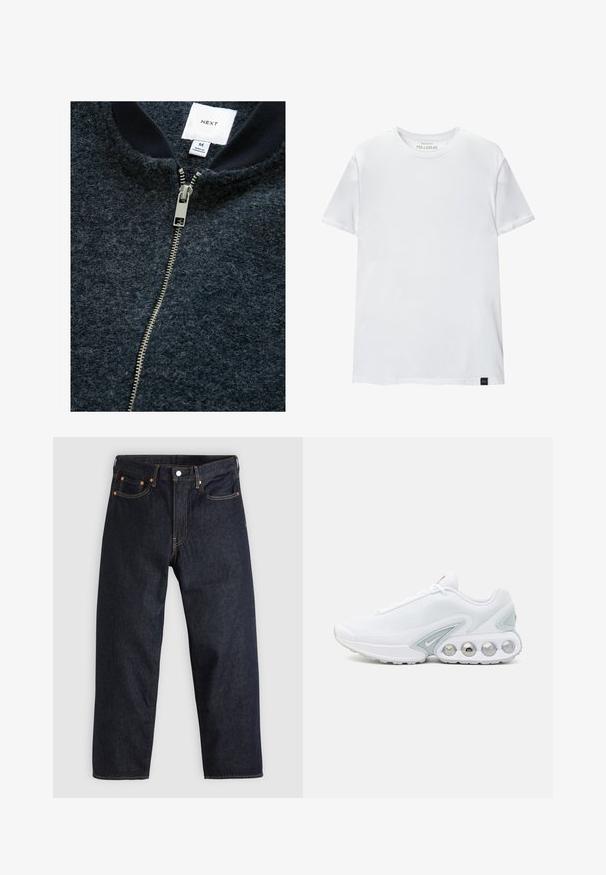 Jachetă navy blue cu fermoar, realizată dintr-un material texturat, având un fermoar argintiu și un guler cu nervuri. Eticheta cu marker indică mărimea M.; Tricou alb, ajustat pe corp, din bumbac. Gât rotund, mâneci scurte, textură netedă. Etichetă mică de logo negru la margine. Design simplu.; Jeans de denim albastru închis, cu croială dreaptă, cinci buzunare, cusături contrastante de portocaliu și fermoar cu buton. Fără modele sau embellishments vizibile.; Tenis alb din plasă cu accente gri, vârf rotund și talpă căptușită vizibilă cu buzunare de aer circulare și detalii de marcă.