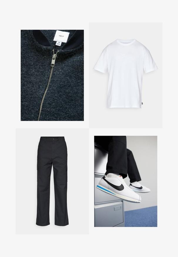 Mornaricblue zip-jacket izrađen od teksturiranog materijala, sadrži srebrni patentni zatvarač i rebrasti ovratnik. Oznaka markera označava veličinu M.; Bijela pamučna majica s kratkim rukavima i okruglim izrezom. Ima mali, diskretni Nike logo na prsima i oznaku sa strane.; Crne cargo hlače s ravnim krojem, koje imaju bočne džepove i teksturiranu tkaninu. Zakopčavanje na gumb na struku za sigurnu prilagodbu.; Bijele kožne tenisice s crnim Nike logotipom, svijetloplavi i sivi gumeni potplat te klasičan dizajn vezanja. Noge su naslonjene na ormar.