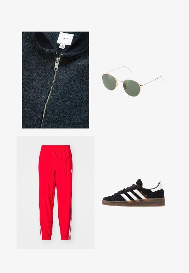 Giacca blu navy con zip realizzata in tessuto testurizzato, dotata di zip argentata e colletto a coste. L'etichetta indica la taglia M.; T-shirt bianca in cotone con scollatura a girocollo, maniche corte e vestibilità rilassata. Presenta un design semplice senza motivi o accenti.; Pantaloni da ginnastica rossi con vita elastica, dettagli a strisce bianche lungo i fianchi e un piccolo logo bianco sulla coscia sinistra.; Sneaker Adidas nere con strisce bianche, testo "Spezial" dorato, suola in gomma e tab sul tallone bianco, mostrato in veduta laterale.; Occhiali da sole con montatura metallica dorata, lenti verdi, forma rotonda, aste sottili e dettagli in plastica bianca sulle punte delle aste.