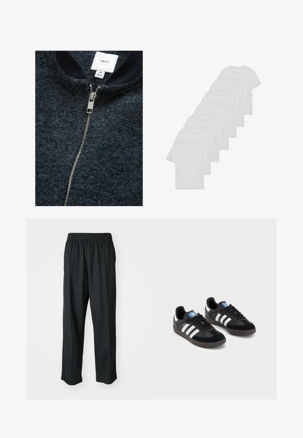 Veste zippée bleu marine en tissu texturé, dotée d'une fermeture éclair argentée et d'un col côtelé. L'étiquette du marqueur indique la taille M.; T-shirts en coton blanc, à manches courtes, design col rond, texture uniforme, empilés en rangée, avec un logo subtil au niveau de l'encolure.; Pantalons de sport noirs avec une taille élastique, fabriqués en tissu lisse, présentant des coutures latérales discrètes et une coupe décontractée, avec un design à jambes droites.; Des baskets noires avec une tige en suède et en matériaux synthétiques, dotées de trois rayures blanches, d'une semelle en caoutchouc texturé et d'une étiquette de logo bleue sur la languette.