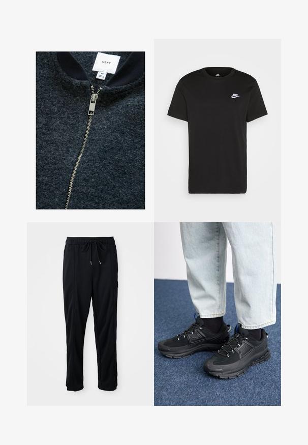 Mornarsko modra jopica z zadrgo, izdelana iz teksturiranega blaga, z zlatimi zadrgami in rebrastim ovratnikom. Oznaka marke kaže velikost M.; Črna bombažna majica s kratkimi rokavi, okroglo ovratnikom in majhnim belim logotipom Nike na zgornji levi strani prsi. Gladka tekstura. Klasičen kroj.; Črne casual hlače z vrvico v pasu, s stranskimi žepi in ravnim rezom na enobarvni podlagi.; Črne športne čevlje z teksturirano tkanino in gumijastimi podplati, ki imajo elastične vezalke ter modre poudarke na peti. Nosi se z lahkimi denim hlačami.