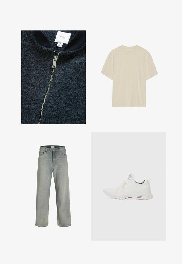 Tmavě modrá zipová bunda vyrobená z texturované tkaniny, se stříbrným zipem a ribkovaným límcem. Nálepka značky označuje velikost M.; Krémové tričko s krátkým rukávem, které má jemnou pruhovanou strukturu a kulatý výstřih, vyrobené z lehkého materiálu.; Svetle šedé, volné džíny z denimu. Mají klasický design se pěti kapsami, poutky na opasek a rovný siluetu nohavic.; Bílé sportovní boty s texturovaným pleteným svrškem, plochými tkaničkami a polstrovanou podešví s viditelnými vzduchovými komorami pro zvýšenou podporu.