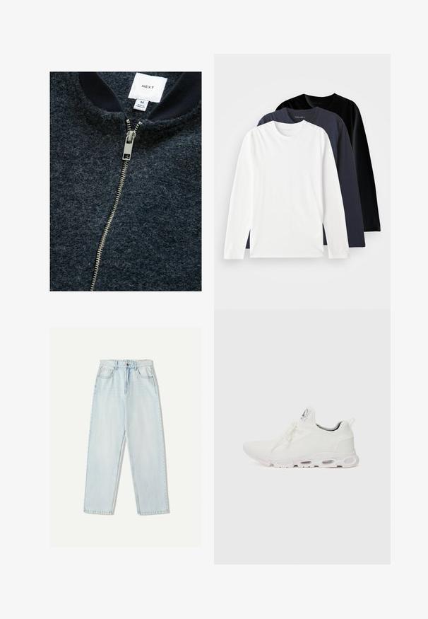 Marineblauwe ritsjack gemaakt van textuurstof, met een zilveren rits en een geribde kraag. Markerlabel geeft maat M aan.; Drie langmouwen T-shirts gestapeld: één witte, één donkerblauwe en één zwarte. Gemaakt van soepel katoen, met ronde halslijnen en zijsplitten.; Lichtblauwe denim jeans met een relaxte pasvorm, recht model, vijf zakken en subtiele vervaging in de stof.; Witte sportieve schoenen met een gestructureerde gebreide bovenkant, platte veters en een gevoerde zool met zichtbare luchtkamers voor extra ondersteuning.