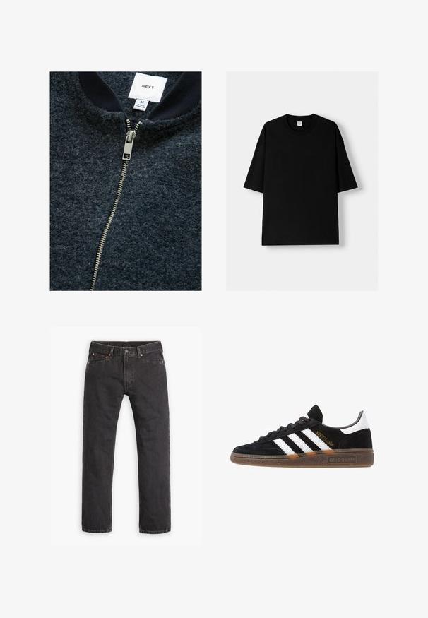 Marineblauwe ritsjack gemaakt van textuurstof, met een zilveren rits en een geribde kraag. Markerlabel geeft maat M aan.; Zwarte katoen t-shirt met korte mouwen, ronde hals en een relaxte fit. Soepele textuur en minimalistisch ontwerp, geen patronen of accenten.; Zwarte denim jeans met rechte pijpen, vijf zakken, knoopsluiting en koperen klinknagels, plat gelegd op een witte achtergrond.; Zwarte Adidas sneaker met witte strepen, gouden "Spezial" tekst, gumzool en witte hieltab, weergegeven in zijaanzicht.