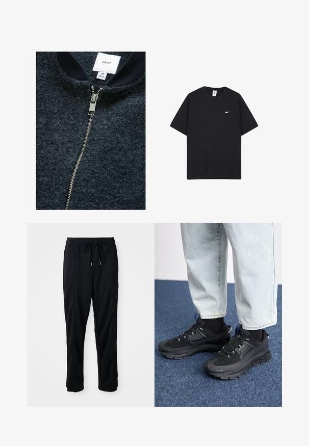 Tummansininen vetoketjullinen takki, joka on valmistettu teksturoidusta kankaasta. Takissa on hopea vetoketju ja ribattu kaulus. Merkkilapussa on koko M.; Mustan Nike-paidan valmistuksessa on käytetty puuvillaa, ja siinä on pyöreä kaula-aukko sekä lyhyet hihat. Paidassa on pieni valkoinen Nike-logo vasemmassa rinnassa.; Mustat ratkaisevat vyötäröhupparipöksyt, joissa on sivusaumapocketit ja suora lahjetyyli, tasaisella taustalla.; Mustat urheilukengät, joissa on teksturoitu kangas ja kumipohjat, elastiset nauhat ja sininen yksityiskohta kannassa. Yhdistetty vaaleisiin farkkuihin.