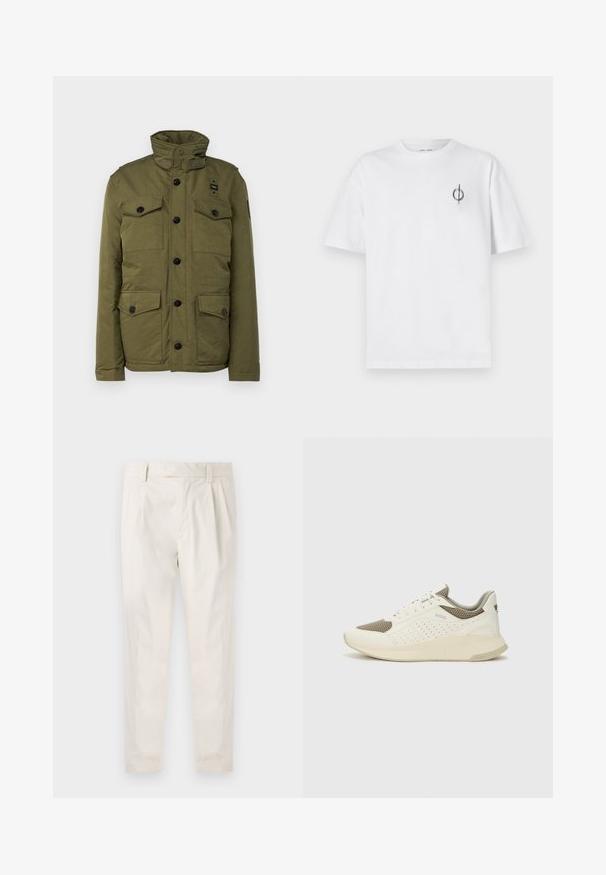 Olive green jacket with a high collar, featuring four front pockets, black buttons, and a small logo patch on the upper left side.; White cotton t-shirt with a relaxed fit, featuring a small black graphic logo on the left chest area. Short sleeves, crew neck style.; White, pleated trousers with a tailored fit, featuring a smooth texture, belt loops, and tapered legs. No visible pockets or patterns.; White and light beige athletic sneaker, featuring a mesh upper, perforated detailing, and a textured midsole with branding on the heel.