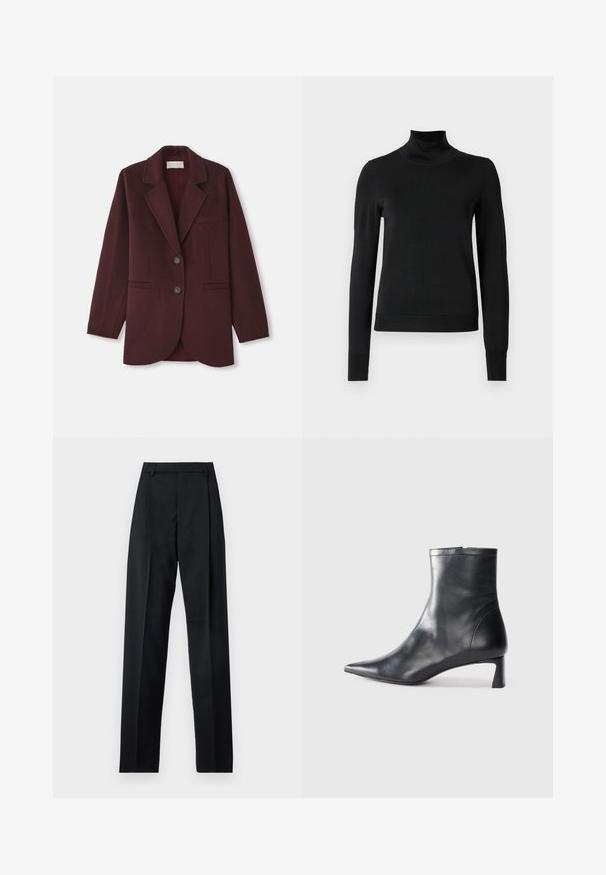 Blazer borgogna in misto lana, con rever a punta, due tasche frontali, due bottoni e una vestibilità dritta con orlo arrotondato.; Pullover nero a maniche lunghe con collo alto, rifinito con polsini e orlo a coste, mostrato su uno sfondo bianco semplice.; Pantaloni neri realizzati in tessuto morbido, caratterizzati da vita alta, gambe larghe, pince frontali e classiche passanti per cintura. Non ci sono tasche laterali visibili.; Stivaletto in pelle nera con punta affusolata e design elegante. Presenta un tacco basso e una chiusura con zip sul retro. Texture liscia.