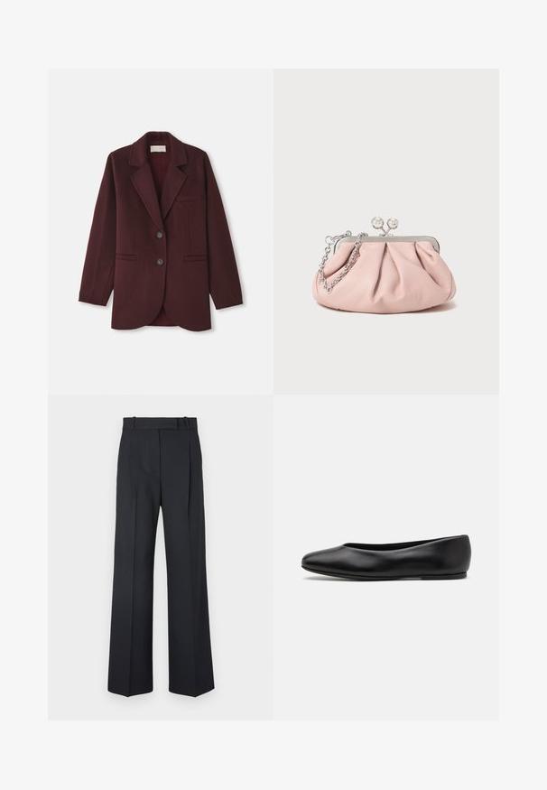 Burgundowa marynarka wykonana z mieszanki wełny, z klapami w kształcie notchal, dwoma przednimi kieszeniami, dwoma guzikami oraz prostym krojem z zaokrąglonym dołem.; Czarny sweter z dzianiny z długimi rękawami, okrągłym dekoltem i małym białym serduszkiem na klatce piersiowej. Miękka faktura oraz ściągacze na rękawach i u dołu.; Ciemnoniebieskie spodnie w paski z wysokim stanem, szerokimi nogawkami i bez widocznych elementów metalowych lub ozdób. Gładka tekstura i dopasowany krój.; Paul Smith TOPANGA czarny; Różowa skórzana kopertówka z zebranym wzorem, metalową ramą, dwoma okrągłymi zapięciami oraz srebrnym łańcuszkiem. Gładka tekstura, kompaktowy kształt.