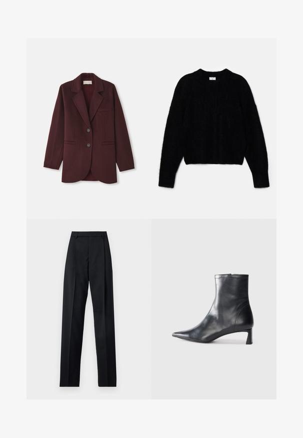 Burgundy blazer made of wool blend, featuring a notched lapel, two front pockets, two buttons, and a straight cut with rounded hem.; Black cropped sweater made of fluffy material. Features a round neckline and long sleeves with a soft texture. Minimal design, no patterns.; Black trousers made from smooth fabric featuring a high waist, wide legs, front pleats, and classic belt loops. No side pockets visible.; Black leather ankle boot with a pointed toe and a sleek design. Features a low heel and a zipper closure at the back. Smooth texture.
