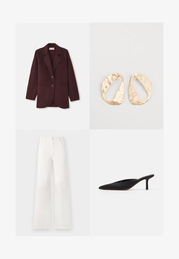 Burgundy blazer made of wool blend, featuring a notched lapel, two front pockets, two buttons, and a straight cut with rounded hem.; White ribbed short-sleeve T-shirt with a crew neck. The fabric appears smooth with a fitted silhouette. Branding label visible at the collar.; White, high-waisted wide-leg jeans made of denim. Features a button closure, two front pockets, and side seams with stitching details.; Black pointed-toe mule with a sleek design, made of smooth fabric, featuring a slender heel and open back for easy wear.; Pair of irregular oval-shaped gold-toned metal earrings with a textured, slightly hammered surface on a white background.