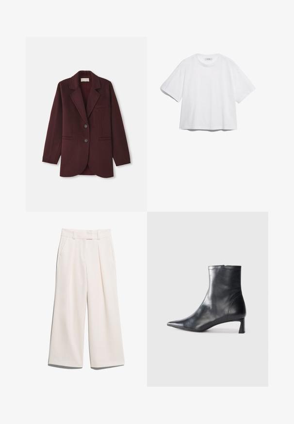 Bordeaux blazer gemaakt van een wolmix, met een notch revers, twee voorkruittassen, twee knopen en een rechte snit met een afgeronde zoom.; Witte katoenen T-shirt met korte mouwen, ronde halslijn, losse pasvorm en geen zichtbare patronen of afbeeldingen. Effen textuur en eenvoudig ontwerp.; Brede broekspijpen in een lichte crèmekleur, gemaakt van gladde stof met twee voorzakken en zichtbare stiksels op de tailleband.; Zwarte leren enkellaars met een spitse neus en een slank ontwerp. Heeft een lage hak en een ritssluiting aan de achterkant. Gladde textuur.
