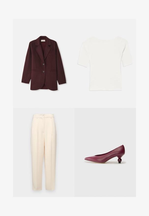 Bordeauxfarbener Blazer aus Wollmischung mit Reverskragen, zwei Vorderleisten, zwei Knöpfen und geradem Schnitt mit abgerundetem Saum.; Weißes, geripptes Kurzarmoberteil mit weitem Ausschnitt. Die Textur weist vertikale Streifen auf, die eine eng anliegende Passform und ein einfaches Design betonen.; Beige maßgeschneiderte Hose mit geradem Schnitt, mit Falten an der Vorderseite, einer glatten Textur und einer mittelhohen Taille. Keine sichtbaren Taschen.; Bordeauxfarbene Lederpumps mit spitzem Zeh und einzigartigem rundem Absatz. Glatte Textur mit minimalistischem Design und ohne sichtbare Muster.