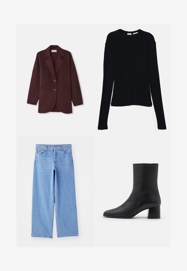 Blazer burdeos hecho de mezcla de lana, con solapa muesca, dos bolsillos frontales, dos botones y un corte recto con dobladillo redondeado.; Camiseta negra de manga larga hecha de tela suave, con un escote redondo y un corte relajado, con aberturas en los laterales del dobladillo para facilitar el movimiento.; Jeans de pierna ancha de color azul claro, confeccionados en denim, con un diseño clásico de cinco bolsillos y cierre de botón. Textura suave, dobladillo deshilachado.; Botín negro de cuero hasta el tobillo con punta afilada y un tacón cuadrado y grueso. Textura suave con un diseño sin costuras y un estilo minimalista en las costuras.