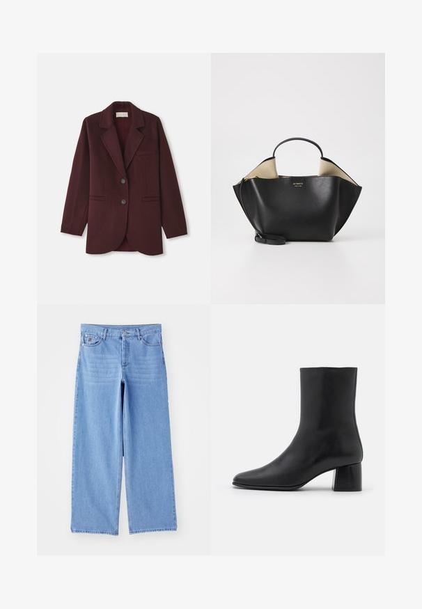 Bordeaux blazer gemaakt van een wolmix, met een notch revers, twee voorkruittassen, twee knopen en een rechte snit met een afgeronde zoom.; Zwarte lange mouw top van zachte stof, met een ronde halslijn en een ontspannen pasvorm met zijsplitten aan de onderkant voor gemak in beweging.; Lichtblauwe wijde jeans van denim, met een klassieke vijf-pocketontwerp en een knoopsluiting. Soepele textuur, rafelige zoom.; Zwarte leren enkelboot met een spitse neus en een chunky vierkante hak. Glad oppervlak met een naadloos ontwerp en minimalistische stiksels.; Ree Projects ANN TOTE MINI - Handtas - black
