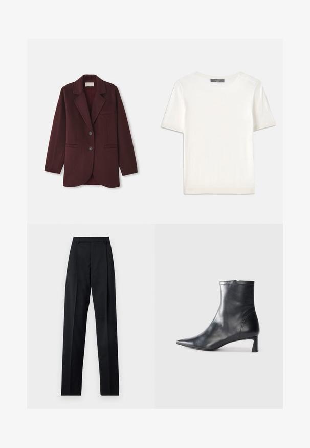 Burgundský blejzer vyrobený z vlnenej zmesi, s klopovým golierom, dvoma prednými vreckami, dvoma gombíkmi a priamym strihom s okrúhlym lemom.; Biele krátke rukávy pletené tričko s okrúhlym výstrihom, ktoré má jemnú textúru a nenápadné rebrované detaily na rukávoch a leme.; Čierne nohavice vyrobené z hladkej látky s vysokým pásom, širokými nohavicami, prednými záhybmi a klasickými pútkami na opasok. Žiadne bočné vrecká nie sú viditeľné.; Čierne kožené členkové topánky s špicatou špičkou a elegantným dizajnom. Majú nízky podpätok a zips na zadnej strane. Hladká textúra.