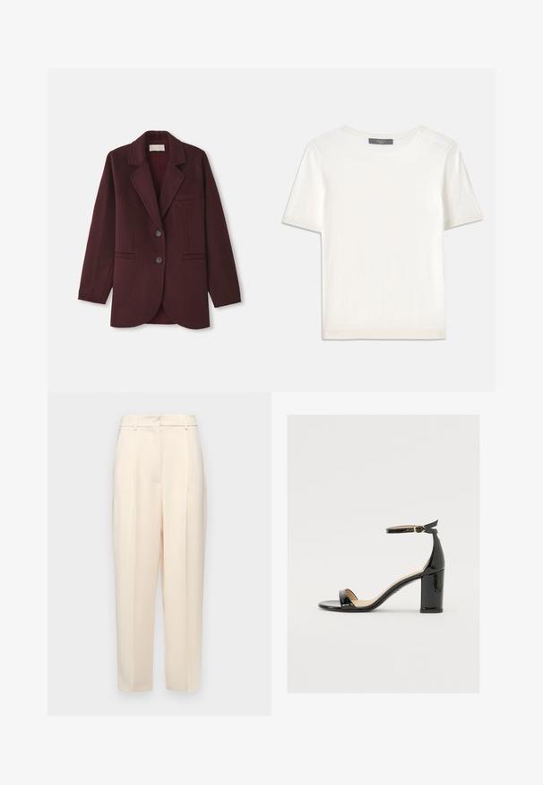 Bordeauxfarbener Blazer aus Wollmischung mit Reverskragen, zwei Vorderleisten, zwei Knöpfen und geradem Schnitt mit abgerundetem Saum.; Weißes kurzärmliges Strickoberteil mit rundem Halsausschnitt, das eine glatte Textur und subtile Rippakzente an den Ärmeln und dem Saum aufweist.; Beige maßgeschneiderte Hose mit geradem Schnitt, mit Falten an der Vorderseite, einer glatten Textur und einer mittelhohen Taille. Keine sichtbaren Taschen.; Schwarze Lackleder-Sandalette mit weitem Absatz, offener Zehenpartie und Knöchelriemen mit goldener Schnalle. Glatte Textur und elegantes Design.