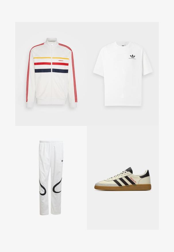 Hvid zip-up træningsjakke med røde, gule og marineblå vandrette striber. Har ribbede manchetter og krave, med Adidas-logo på brystet.; Hvid bomulds t-shirt med korte ærmer, der har et sort "BASKETBALL" logo og det ikoniske tre-stribes design på forsiden.; Hvide atletiske bukser med en glat tekstur, der har sorte buede motiver på siderne og et sort logo nær taljen.; Creme og sorte Adidas Spezial sneakers med gummisål, sorte striber, rød syning og "Spezial" branding på siden.