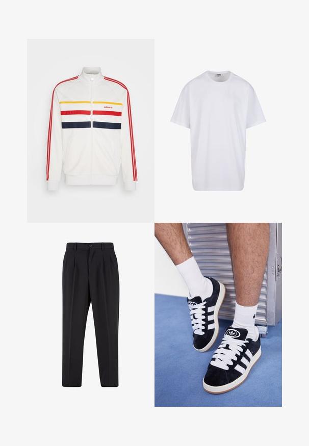 Hvit treningsjakke med glidelås, med røde, gule og marineblå horisontale striper. Har ribbestrikkede mansjetter og krage, med Adidas-logo på brystet.; Hvit bomull t-skjorte med korte ermer, rund utringning, avslappet passform, og ingen synlige logoer eller mønstre. Glatt tekstur og minimalistisk design.; Langermet rutete skjorte i beige med gule og brune ruter, knappestolpe, enkelt brystlomme, laget av et strukturert stoff.; Sorte bukser med plisseret frontdesign, lavet af glat stof. Har knaplukning og bæltesløjfer; rett-bukser.; Sorte semskede sneakers med hvite lisser og tre hvite striper. Har en sirkulær svart logo på tungen og en såle av gummigummi.