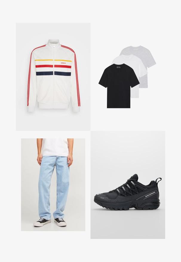 White zip-up athletic jacket with red, yellow, and navy horizontal stripes. Features ribbed cuffs and collar, with Adidas logo on chest.; Set of three basic t-shirts in black, white, and light grey. Short sleeves, round neck, made from smooth cotton fabric. Brand logo visible.; Light blue denim jeans with a relaxed fit, featuring a straight leg design and standard stitching, paired with black sneakers.; Black athletic shoes with a mesh upper, rubber outsole, and reflective accents. Features a cushioned sole and lace-up closure design.