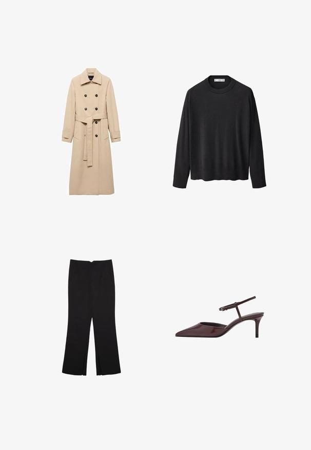 Béžový trenčkot vyrobený z hladké tkaniny, s dvojřadovým zapínáním, černými knoflíky a páskem na zavázání v pase. Obsahuje dvě boční kapsy.; Černý pletený svetr s vroubkovaným kulatým výstřihem, dlouhými rukávy a rovnými lemy. Měkká textura, minimalistický design a univerzální styl.; Černé kalhoty s rovným střihem, s předními kapsami a bočními rozparky na lemu. Vyrobené z jemné, hladké tkaniny. Vhodné na různé příležitosti.; Burgundské lakované lodičky na podpatku s špičatou špičkou, tenkým páskem kolem kotníku a středním jehlovým podpatkem. Hladký, lesklý povrch.