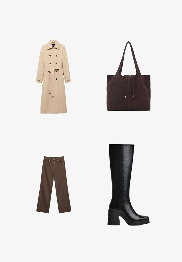 Beżowy trench coat wykonany z gładkiego materiału, z podwójnym zapięciem, czarnymi guzikami oraz wiązanym paskiem w talii. Zawiera dwie boczne kieszenie.; Ciemnobrązowy sweter dzianinowy z okrągłym dekoltem, opuszczonymi ramionami, ściągaczami przy mankietach i u dołu, o miękkiej teksturze i luźnym kroju.; Szerokie brązowe dżinsy wykonane z denimu, z wysokim stanem, przednimi kieszeniami i klasycznym zapięciem na guzik. Gładka faktura z subtelnym przeszyciem.; Czarne, sięgające kolan botki wykonane z teksturowanego materiału syntetycznego, z kwadratowym noskiem, masywnym, wysokim obcasem oraz gładką, elegancką powierzchnią.; Mango - Torba na zakupy