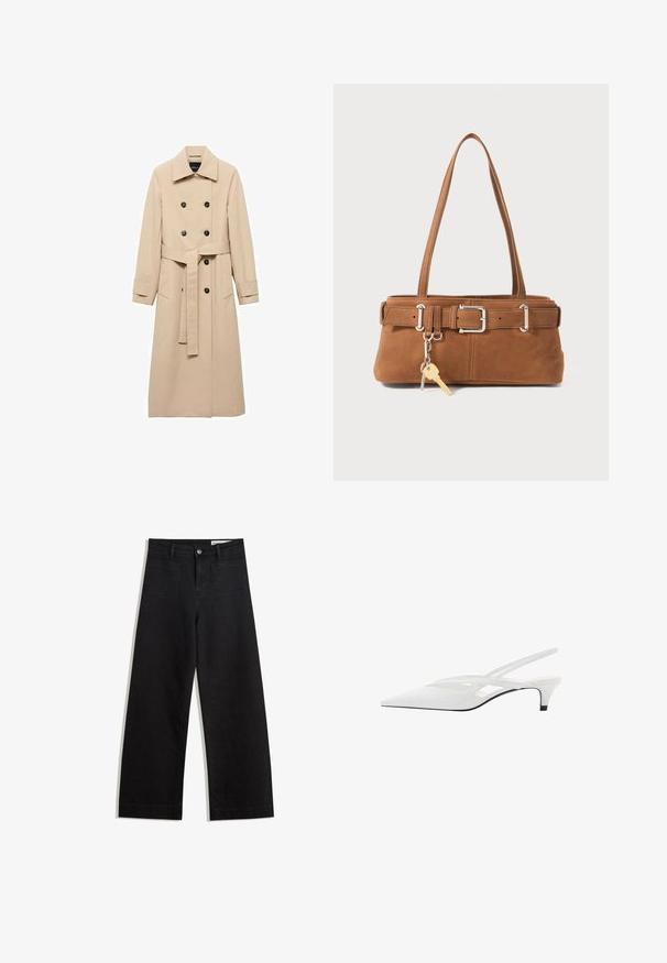 Bež trench kaput napravljen od glatkog materijala, s dvostrukim kopčanjem, crnim dugmadi i vezanim pojasom u struku. Uključena su dva bočna džepa.; Crna majica kratkih rukava od mekog pamuka, s okruglim izrezom i regularnim krojem, bez vidljivih uzoraka ili naglasaka.; Crne široke traperice s visokim strukom, s prednjim i stražnjim džepovima, šivenim šavovima i kopčanjem na gumb. Glatka tekstura.; Bijela slingback potpetica s oštrom punta, koja ima glatki gornji dio, suptilne izreze i nisku blok potpeticu. Crna potplata naglašava dizajn.; Braon svilen rukavac sa strukturiranim oblikom, srebrnim hardverom, dva ramena remena i dekorativnim privjeskom koji je pričvršćen.