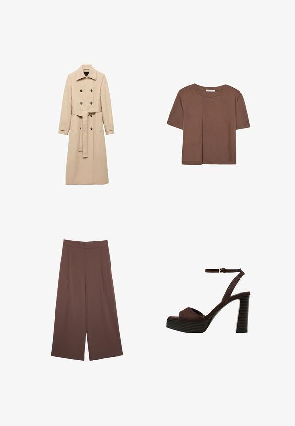Beżowy trench coat wykonany z gładkiego materiału, z podwójnym zapięciem, czarnymi guzikami oraz wiązanym paskiem w talii. Zawiera dwie boczne kieszenie.; Brązowa koszulka z krótkim rękawem, wykonana z miękkiego materiału, z okrągłym dekoltem i luźnym krojem. Brak widocznych wzorów lub akcentów.; Brązowe spodnie o szerokich nogawkach z gładką fakturą, z wysokim stanem i plisami z przodu. Materiał jest lekki i luźno opada.; Brązowe zamszowe sandały na wysokim obcasie z odkrytymi palcami, regulowanym paskiem na kostce i paskowatą podeszwą.