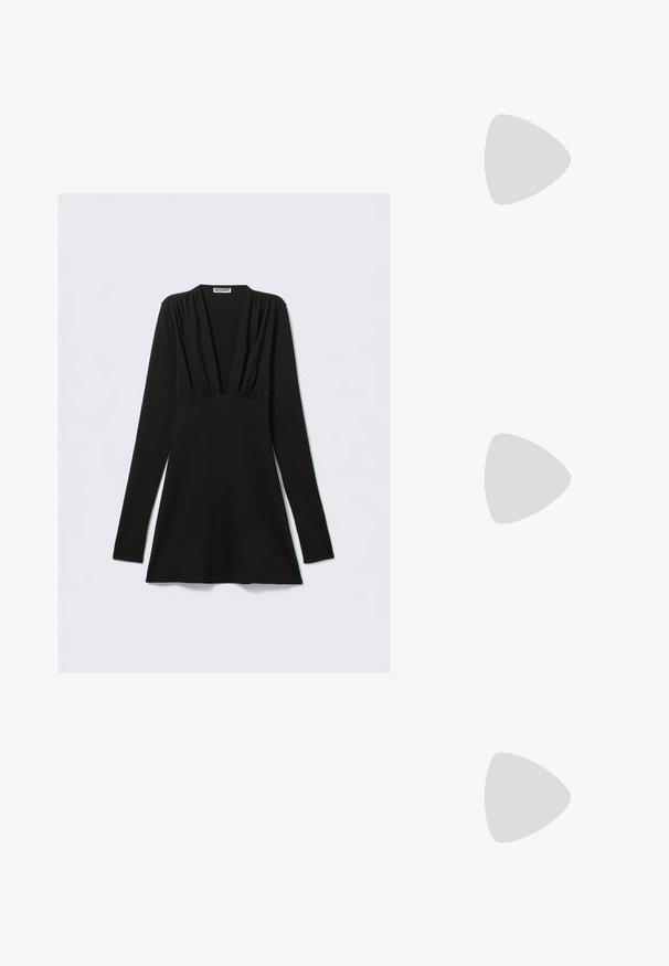 Black long-sleeve dress with a deep V-neckline and gathered detailing at the bust. Made from stretchy fabric, tailored fit with a flared hem.; Black leather ankle boot with elastic side panels, a rounded toe, and a chunky textured rubber sole. Features a pull tab at the back.; Black sunglasses with a wrap-around design, dark tinted lenses, shiny star-shaped accents, and adjustable nose pads.; Burgundy faux leather clutch with a silver chain strap, featuring a buckle design and metal eyelets across the front for added detail.; Set of twelve hoop earrings in silver and gold tones. Includes twisted, smooth, and textured designs with various sizes and finishes.