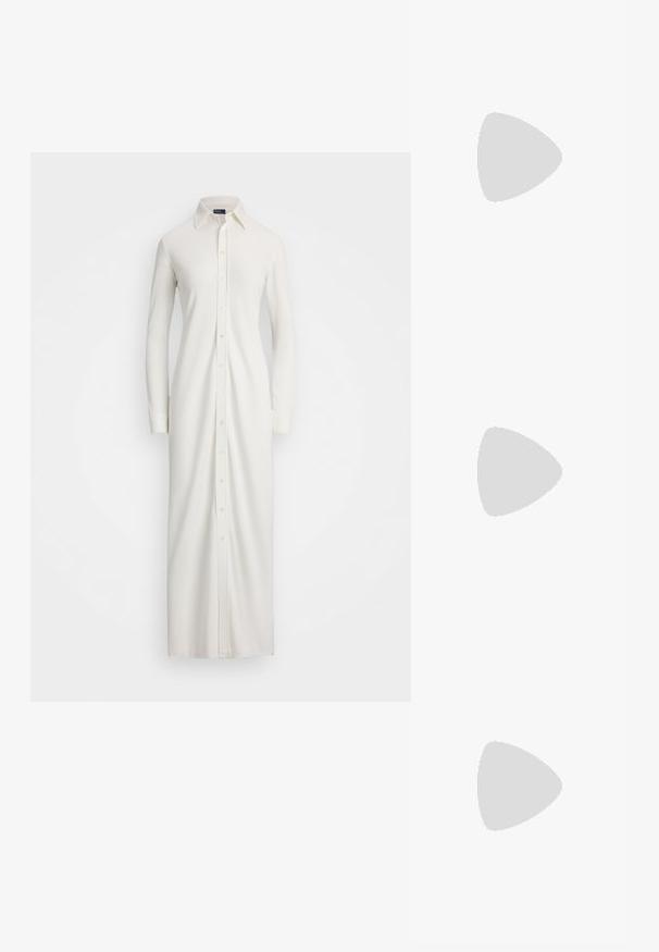 Polo Ralph Lauren BUTTONED PONTE MAXI SHIRTDRESS - Vestido camisero - trophy cream; Zapato de tacón alto de charol blanco con punta afilada y superficie lisa, que presenta un tacón esbelto y un corte bajo alrededor de la abertura.; Cartera de mano de piel negra con una correa de cadena dorada, que presenta una textura suave, forma rectangular y un logotipo en relieve en la parte frontal.; Lauren Ralph Lauren BASIC SMALL HOOP - Pendientes - gold-coloured