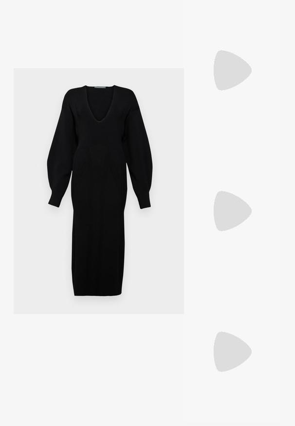 Black one-piece swimsuit with a high neckline, slim over-the-shoulder straps, and a high-cut leg design. Features metal hardware detail.; Black knitted dress with a deep V-neck, long voluminous sleeves, and textured pattern detailing on the bodice.; Black leather ankle boots with a pointed toe and block heel, paired with shiny silver pants, showcasing sleek textures and contrasting colors.; Black synthetic handbag with a curved shape, featuring a large silver square buckle and a single rounded handle. Smooth texture.