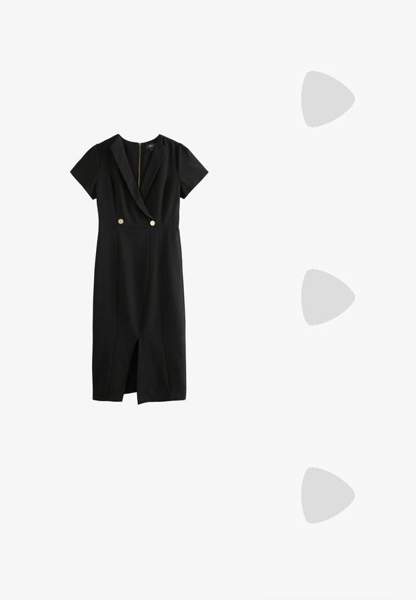 Svart klänning med djup V-ringning, korta ärmar, dubbelknäppt front, knappar i guldton och en knä-lång slits. Slät tygkvalitet.; Svarta läder slingbacks med hög klack och spetsig tådesign, med en utskärning framtill och en tunn stilettklack.; Svarta solglasögon med rektangulära bågar och gradientlinser. Har en gyllene "DG"-logotyp på skalmen. Slät plastmaterial.; Mascara BÉBHINN - Handväska - gold-coloured