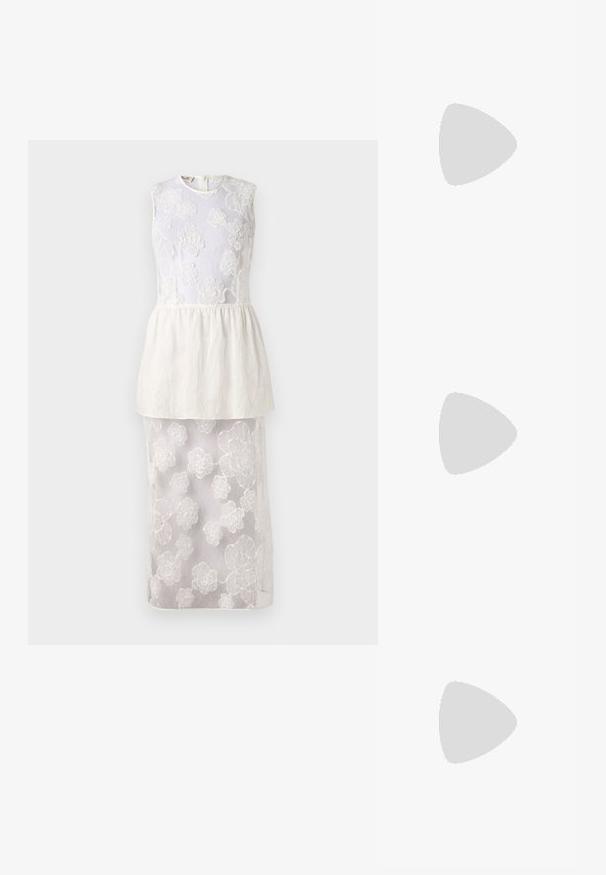 White dress with sleeveless top featuring floral embroidery, layered peplum waist, and a sheer lower skirt adorned with floral patterns.; Casadei JULIA INTERSTELLAR  - High heeled sandals - glass/platino; Blue fabric handbag with a gathered texture and thick, ruffled handle. Features subtle striped patterns throughout. Compact rectangular shape.; Green choker necklace with a calla lily accent, featuring gold hardware. Model wears a crocheted top in earthy tones of red and cream.