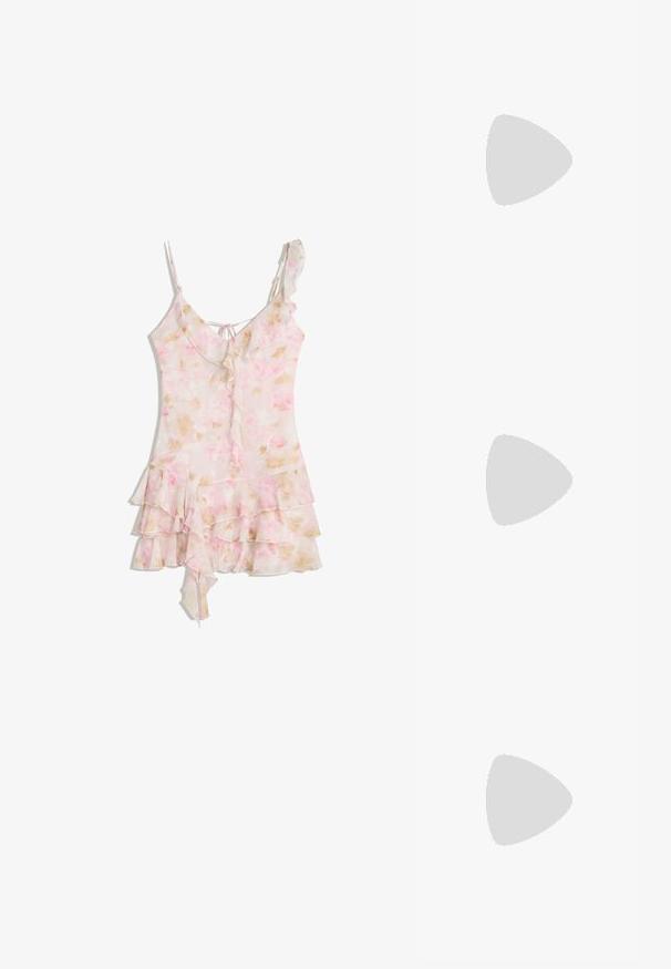 Light pink floral dress with ruffled layers, asymmetrical hem, thin straps, and a small back tie detail.; Pink patent platform shoes with a rounded toe, adjustable buckle, and black cat eye accents, paired with white ribbed socks and ruffled edges.; Rectangular sunglasses with olive green frames and dark pink lenses. The design is sleek with straight arms and no visible hardware accents.; Pink synthetic shoulder bag with a curved shape, smooth texture, removable chain strap, and a circular logo detail on the front.