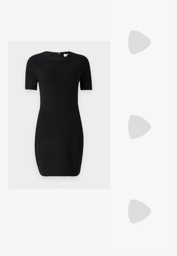 Black knitted dress with a ribbed texture, short sleeves, and a round neckline. Features a back zipper and a fitted shape.; Pointed-toe high heel shoe in dark brown leather. Smooth texture with a curved silhouette and a slender heel. Minimalist design, no embellishments.; Black leather crossbody bag with two front pockets, gold buckles, zipper closure, and a slim strap. Textured surface and compact rectangular shape.; Gold-tone metal hoop earrings with a curved, elongated shape. Features a smooth, shiny surface and a rounded tip for added detail.