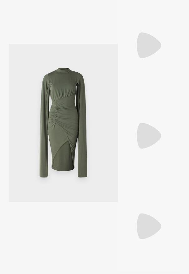 Pikad varrukad oliivroheline kleit kõrge kaelusega, kokku tõmmatud külgse Hulkide ja asümmeetriliste paneelidega, mis loovad liibuva silueti. Sile kangastekstuuri.; Valged rihmaga kontsakingad, millel on selged, iridescentsed plokknõud ja dekoratiivsed liblika aktsendid rihmadel. Sile nahktekstuuri.; Metallik kullast ja hõbedast tekstuuriga kätk, millel on ümar kuju ja sile kullast klapp. Omab kogu pinnal kootud mustrit.; Kuldne metallist käevõru, millel on voolav ja kõver disain. Ühel otsal on väike, silmapaistev hõbedane aktsent.