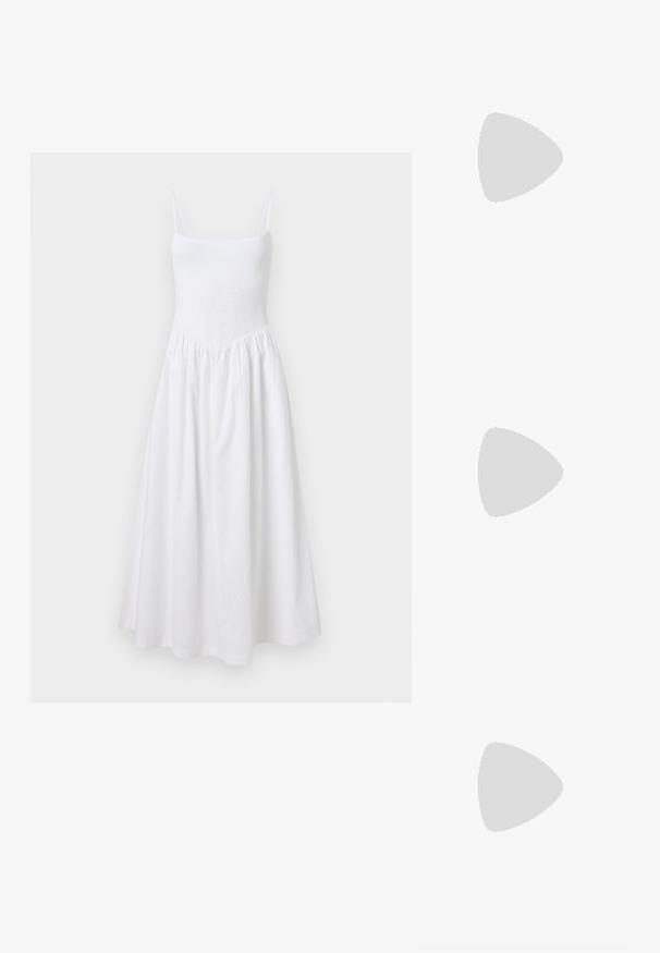 Robe d'été blanche avec un corsage froncé, des fines bretelles et une jupe évasée. Fabriquée dans un tissu léger, elle se distingue par son design simple et sans coutures.; Sandale sans talon avec une tige en tissu tissé beige, bout ouvert et semelle intermédiaire en bois courbé. Le design présente une texture lisse et une forme minimaliste.; Lunettes de soleil ovales bordeaux avec des verres gris foncé. Présente des accents en métal doré sur les branches. Texture en plastique lisse.; Sac à main blanc à la forme courbée et à la texture lisse. Présente un accent de logo doré et une fermeture éclair. Bandoulière ajustable.