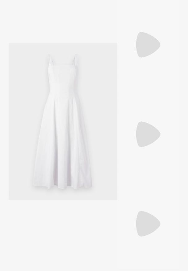 Robe en lin blanc avec un décolleté carré, des bretelles fines et une jupe évasée, présentant une texture subtile et une longueur mi-mollet.; Sandales à talons blancs avec des brides, équipées de talons block transparents et irisés, et d'accents décoratifs en forme de papillon sur les brides. Texture en cuir lisse.; Lunettes de soleil ovales blanches avec des verres marron, présentant une finition mate et des branches droites. Des détails notables incluent le logo sur la branche.; Montre rectangulaire en or au design minimaliste, avec un cadran crème, des aiguilles dorées et un bracelet en maillons métalliques. Les marquages incluent le nom de la marque.