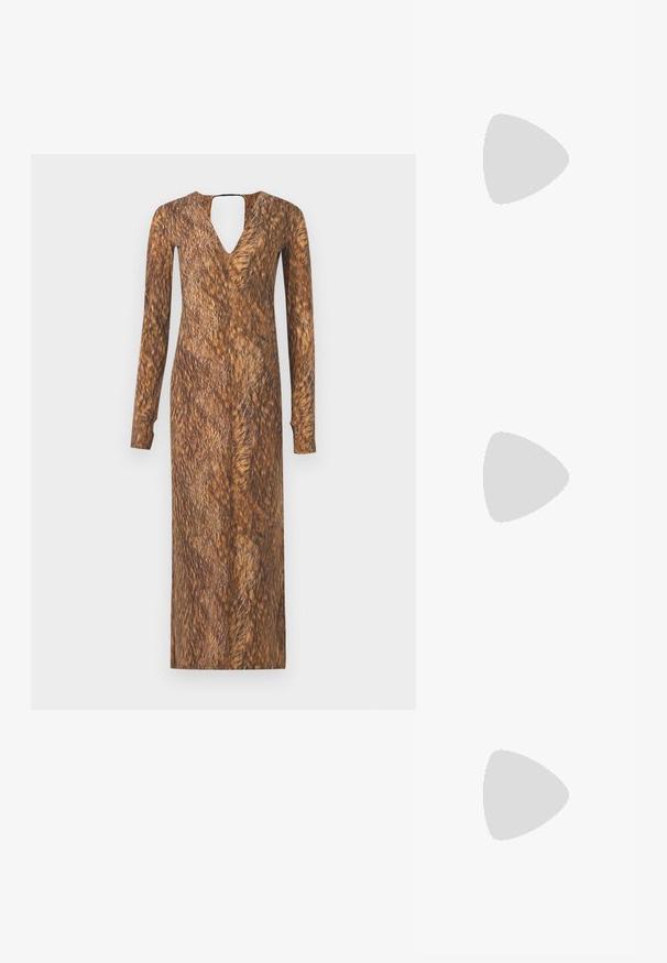 Brown knit sleeveless top with a V-neck, featuring scattered metallic sequins for texture and visual interest.; Long-sleeve dress with a V-neck and keyhole back, featuring a fur-like brown texture and pattern throughout the fabric.; Brown leather ankle boot with a square toe, textured finish, and a low stacked heel. Features a rear pull tab and subtle stitching details.; Brown crocodile-embossed leather bag with a cylindrical shape, gold-tone hardware, and a detachable strap featuring studs.