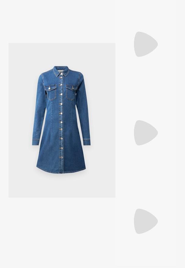 Vestido de camisa de ganga com mangas longas, frente de botões, colarinho pontudo, dois bolsos no peito e um corpo ajustado que se alarga na bainha.; Sapatilha atlética com uma mistura de materiais verde-oliva e castanho-escuro com detalhes em rosa. Parte superior texturizada e amortecimento de ar visível na sola.; Óculos de sol tartaruga com uma armação redonda e robusta e lentes castanhas. Apresenta padrões subtis e hastes direitas e afinadas.; Bolsa de ombro em couro castanho com uma forma estruturada, apresentando um fecho magnético e um detalhe metálico com o logótipo na frente.