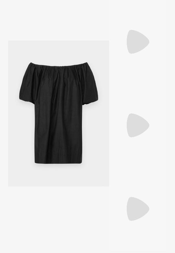 Black off-the-shoulder top made of lightweight fabric, featuring a gathered neckline and short, puffy sleeves. Simple, unembellished design.; Pink patent platform shoes with a rounded toe, adjustable buckle, and black cat eye accents, paired with white ribbed socks and ruffled edges.; Black leather handbag with a curved shape, detachable strap, and gold hardware. The bag features a flap with a buckle detail.; Silver hoop earrings with a smooth, round design and a polished finish. They are thin and lightweight, featuring a simple clasp closure.