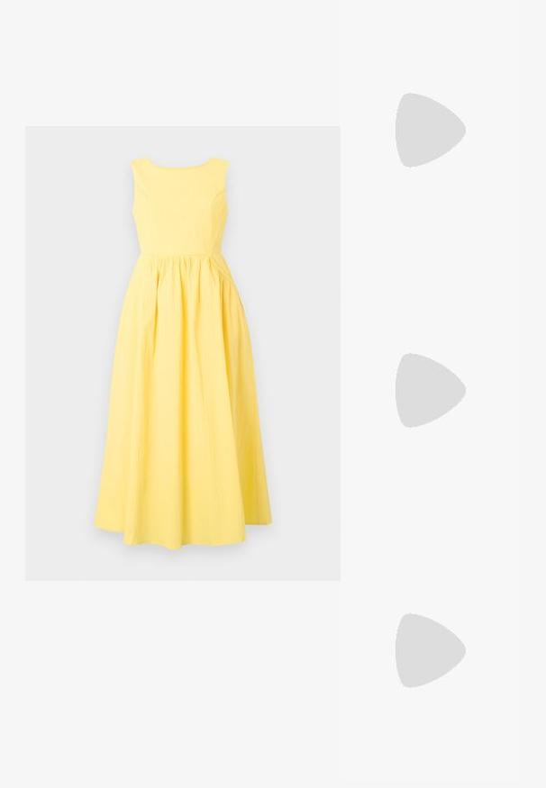 Yellow sleeveless dress with a rounded neckline, textured fabric, fitted bodice, and a full, gathered skirt.; Even&Odd Wide Fit High heeled sandals - gold; Even&Odd by Zalando Handbag - gold-coloured; Gold-tone ring featuring an organic, twisted design with smooth texture and tapered ends, creating a modern, sculptural appearance.