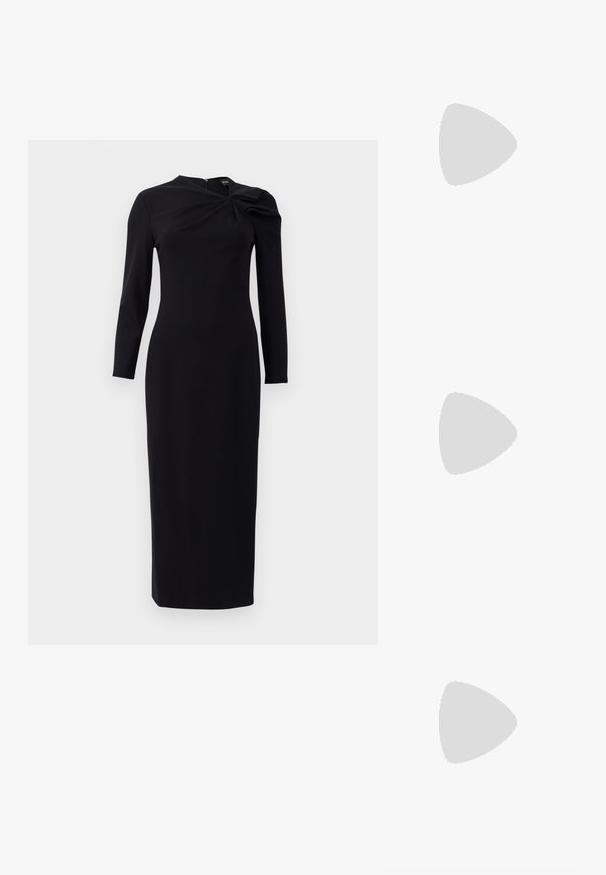 Abito nero a maniche lunghe con silhouette aderente, drappeggio attorcigliato sulla spalla e orlo dritto. Realizzato in tessuto liscio.; Pompa slingback in pelle verniciata bianca con punta affusolata, tacco a stiletto snello e dettagli decorativi a forma di fibbia sul davanti.; Gucci Occhiali da sole - gold-coloured/pink; Borsa a tracolla in pelle nera con un design curvo, accentuata da una placca del logo dorata e una tracolla sottile. Texture liscia con una finitura elegante.