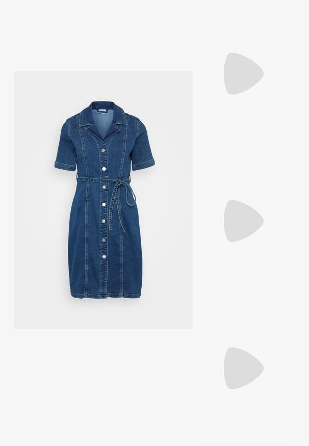 Vestido de denim con mangas cortas, cuello tipo camisa, botones en el frente y cinturón ajustable. Color: azul oscuro con costuras tonales y textura suave.; Botín negro hasta el tobillo con un acabado de cuero liso, paneles laterales elásticos, lengüetas y una suela gruesa y texturizada para un mayor agarre.; Bolso de hombro de cuero negro con un diseño curvado, cierre de hebilla prominente y detalles de costura blanca. Incluye correa ajustable.; Pendientes de aro de plata con un acabado liso y pulido. Forma redonda y cierre de click seguro. Diseño ligero adecuado para el uso diario.