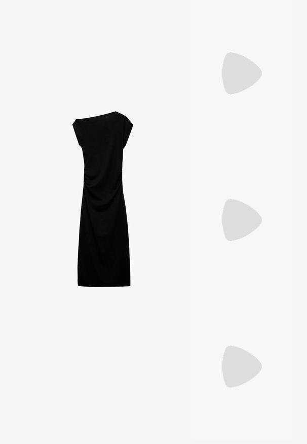 Haut halter de couleur rouille avec un col rond, comportant des œillets en métal argenté autour du col. Texture douce et design ajusté.; Robe noire longueur genou en tissu doux, présentant un décolleté bardot, des manches courtes et un détail froncé sur le côté.; Ballerines en maille rouge avec un bout pointu, dotées d'une fine bride et d'un détail à boucle. La tige présente un motif ouvert en nid d'abeille.; Lunettes de soleil avec une monture noire angulaire sur un mannequin portant un pull gris, mettant en valeur un tricot texturé et une veste en cuir noir portée par un autre mannequin.