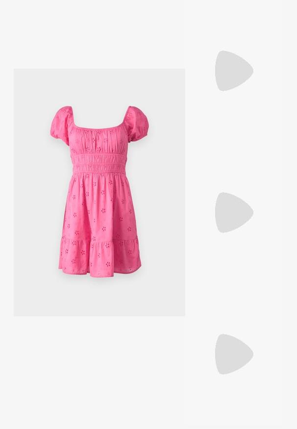 Pink cotton dress with puff sleeves, square neckline, elastic waistband, and tiered skirt featuring floral eyelet detailing.; Black heeled sandals with multiple crisscross straps. Smooth material, pointed toe, and narrow heel. Adjustable ankle strap with buckle.; Three pairs of rectangular sunglasses: one pink, one white, one black. All have dark lenses and a glossy plastic frame.; Small cream handbag with a textured finish, a long adjustable strap, a chain accent, and a flap closure. Gold hardware detailing.; Gold hoop earrings with a smooth, shiny finish. Circular design featuring a small post and clear backing for secure wear.